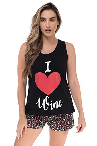 100% Cotton Women Sleepwear Pajama, Black - Heart Wine Leopard