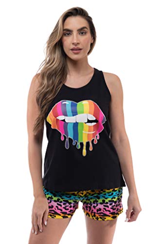 100% Cotton Women Sleepwear Pajama Sets, Black - Rainbow Lips