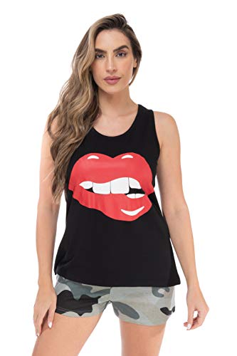 100% Cotton Women Sleepwear Pajama Sets, Black - Red Lips