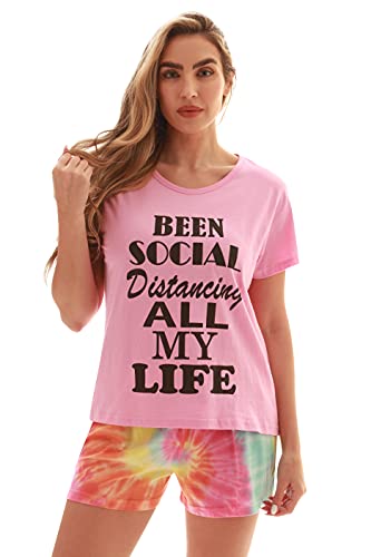 100% Cotton Women Sleepwear Pajama Sets, Pink - Social Distance