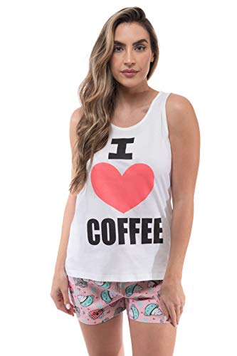 100% Cotton Women Sleepwear Pajama Sets, White - Love Coffee