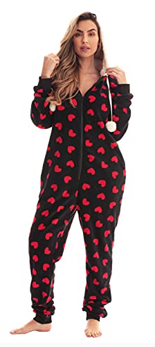 Adult Onesie Pajamas, Hearts - Red Black