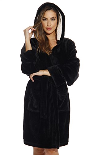 Bath Robes for Women, Black With Sherpa Lined Hood