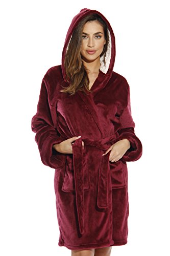 Bath Robes for Women, Burgundy With Sherpa Lined Hood