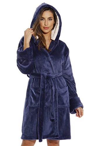 Bath Robes for Women, Navy With Sherpa Lined Hood
