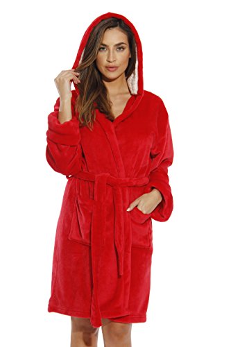 Bath Robes for Women, Red With Sherpa Lined Hood