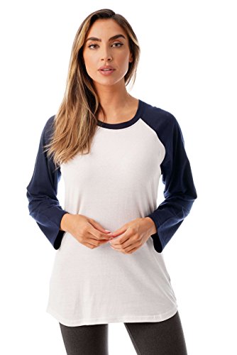 Colorblock Womens Baseball Tee Shirt with ¾ Sleeves, White Navy