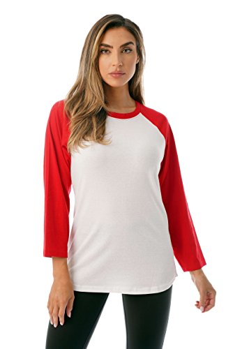 Colorblock Womens Baseball Tee Shirt with ¾ Sleeves, White Red