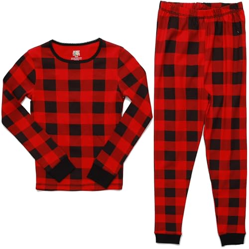 Cotton Pajamas for Girls, Buffalo Plaid - Red and Black
