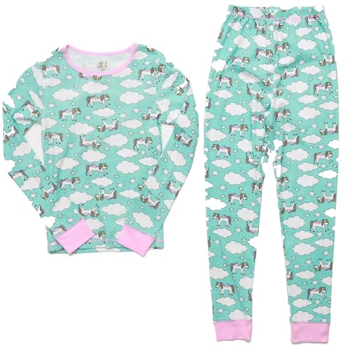 Cotton Pajamas for Girls, Light Blue - Unicorn Sky
