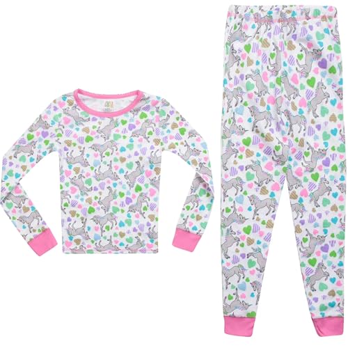 Cotton Pajamas Sets for Girls, White - Unicorn Hearts