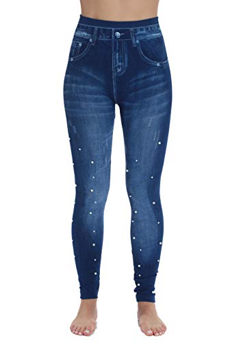 Denim Wash Leggings for Women, Blue Basic With Pearls