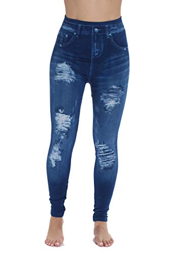 Denim Wash Leggings for Women, Blue Distressed