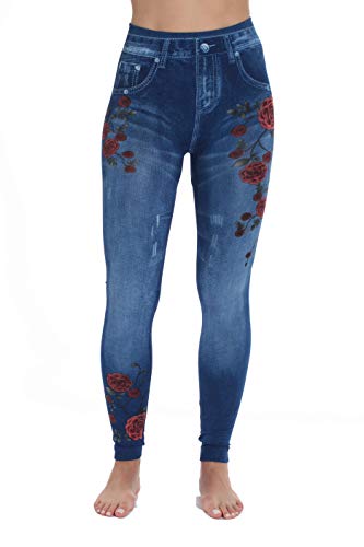 Denim Wash Leggings for Women, Blue Floral