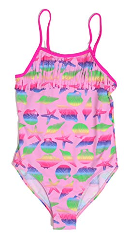 Girls One Piece Bathing Suits, Fuchsia - Rainbow Seashells
