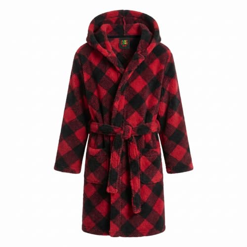 Girls' Plush Hooded Robe, Soft, Buffalo Plaid - Red Black