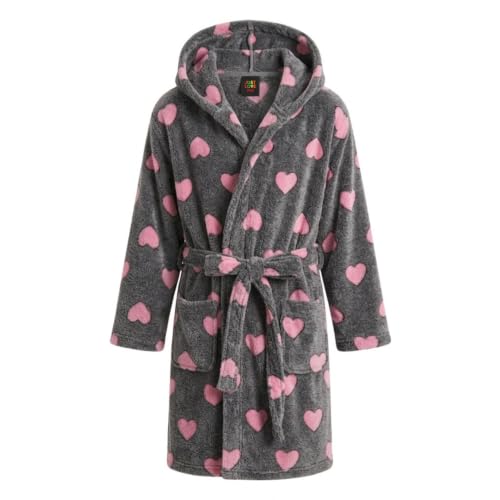 Girls' Plush Hooded Robe, Soft Printed, Heart - Black Fuchsia