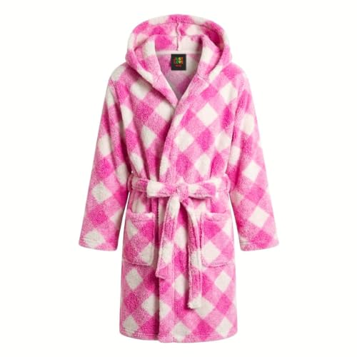 Girls' Plush Hooded Robe, Buffalo Plaid - Diagonal Fuchsia