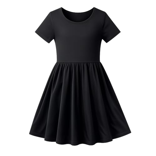 Girls Solid Short Sleeve Dresses Black