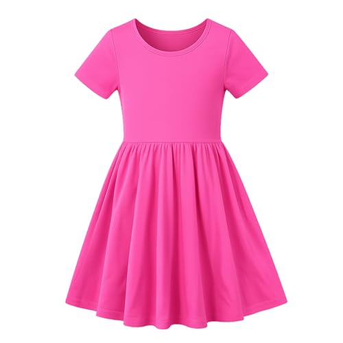 Girls Solid Short Sleeve Dresses Pink