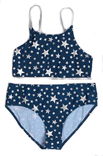 Girls Two Piece Bathing Suits Swimwear, Navy - Silver Stars