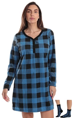 Henley Night Shirt with Socks, Buffalo Plaid - Blue Black