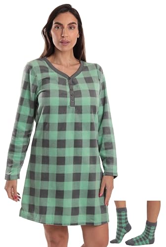 Henley Night Shirt with Socks, Buffalo Plaid - Mint Charcoal