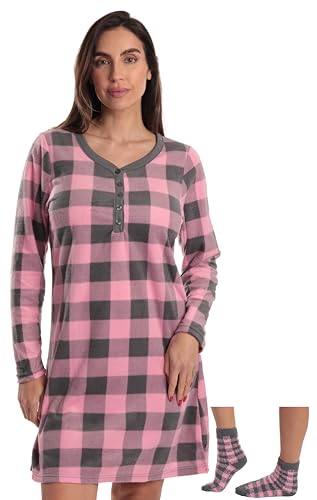 Henley Night Shirt with Socks, Buffalo Plaid - Pink Charcoal
