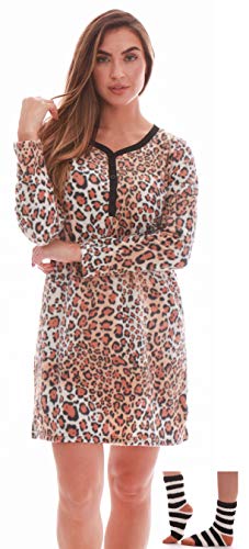 Henley Night Shirt with Socks for Women, Nightgown Leopard