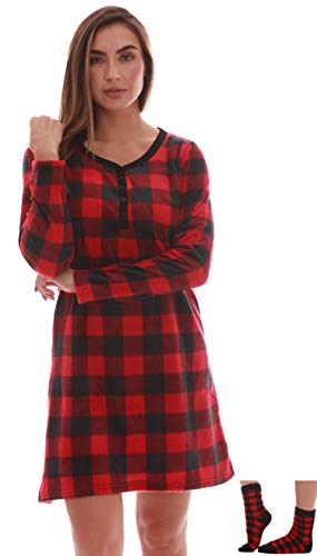 Henley Night Shirt, Nightgown Red Black - Buffalo Plaid