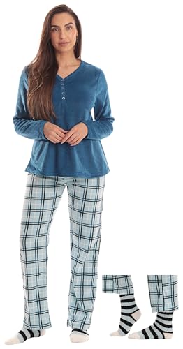 Henley Pants Set with Socks for Women, Blue Plaid