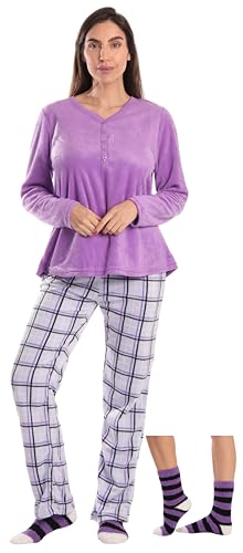 Henley Pants Set with Socks for Women, Purple Plaid