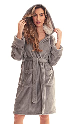 Kimono Robe Bath Robes, Light Grey With Sherpa Lined Hood