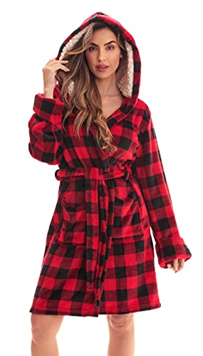Kimono Robe Bath Robes, Red Black Buffalo Plaid With Sherpa Lined Hood