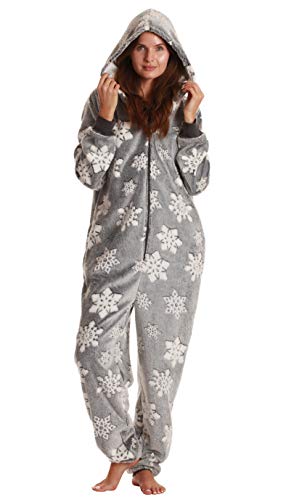 Ladies Embossed Plush Adult Onesie, Shaggy Snowflake - Grey