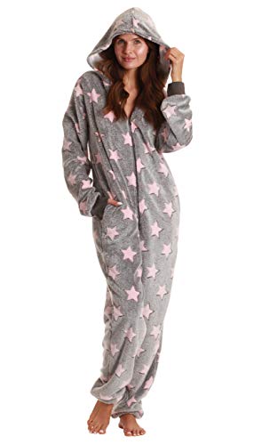 Ladies Embossed Plush Adult Onesie, Star - Grey