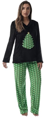 Plush Christmas Pajama Sets, Black - Christmas Tree Dot