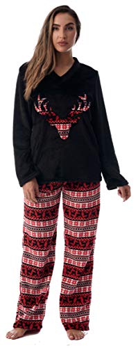 Plush Christmas Pajama Sets, Black - Reindeer Snowflake