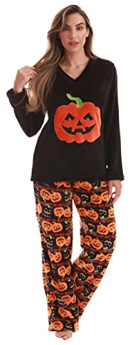 Plush Halloween Pajama Sets for Women, Black - Pumpkin