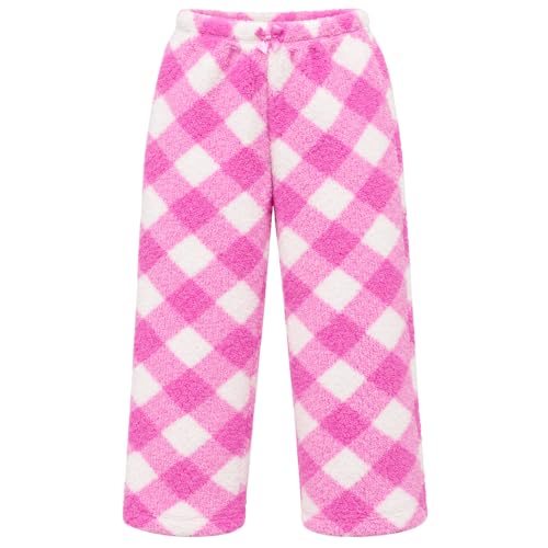 Plush Pajama Pants for Girls, Buffalo Plaid - Diagonal Fuchsia