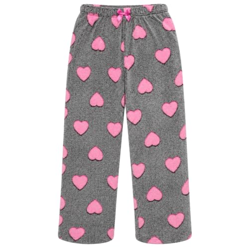 Plush Pajama Pants for Girls, Heart - Black Fuchsia