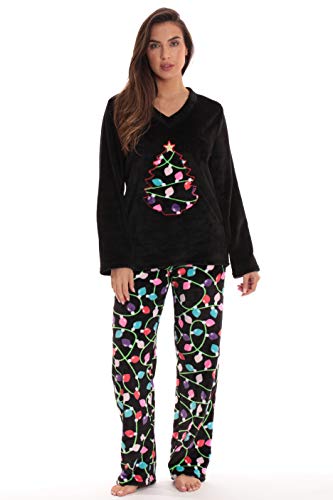 Plush Pajama Sets for Women, Black - Christmas Lights