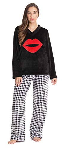 Plush Pajama Sets for Women, Black - Houndstooth