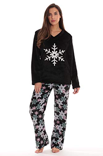 Plush Pajama Sets for Women, Black - Winter Snowflake