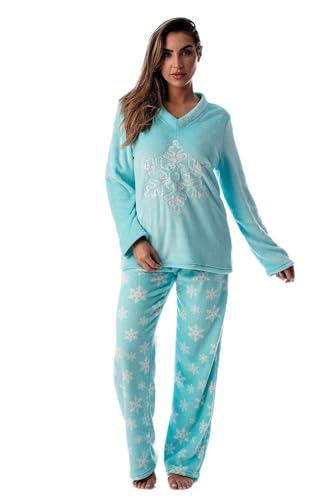 Plush Pajama Sets for Women, Blue - Snowflakes