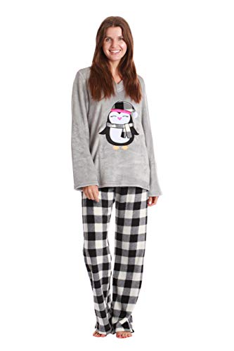 Plush Pajama Sets for Women, Buffalo Plaid Penguin