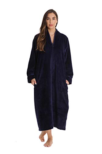 Plush Zipper Long Robe, Navy