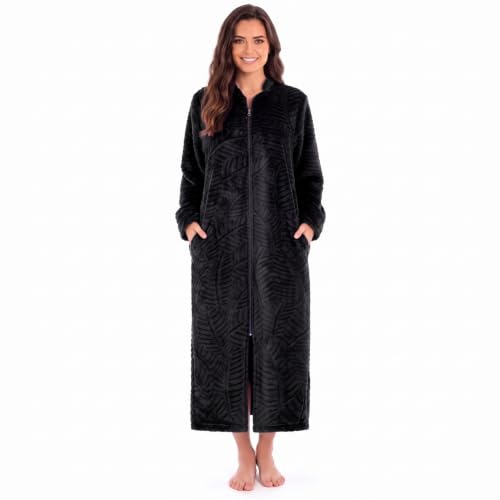 Plush Zipper Lounger Solid Robe, Black