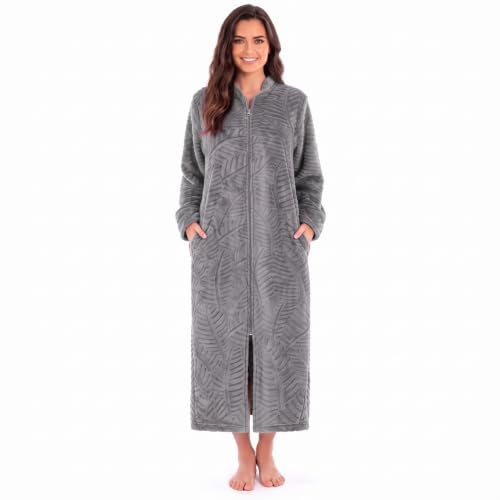 Plush Zipper Lounger Solid Robe, Grey