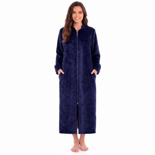 Plush Zipper Lounger Solid Robe, Navy